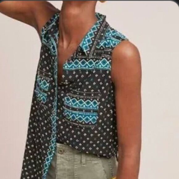 ANTHROPOLOGIE Sleeveless Tunic Button Down Aztec Southwestern Blouse - Picture 1 of 11